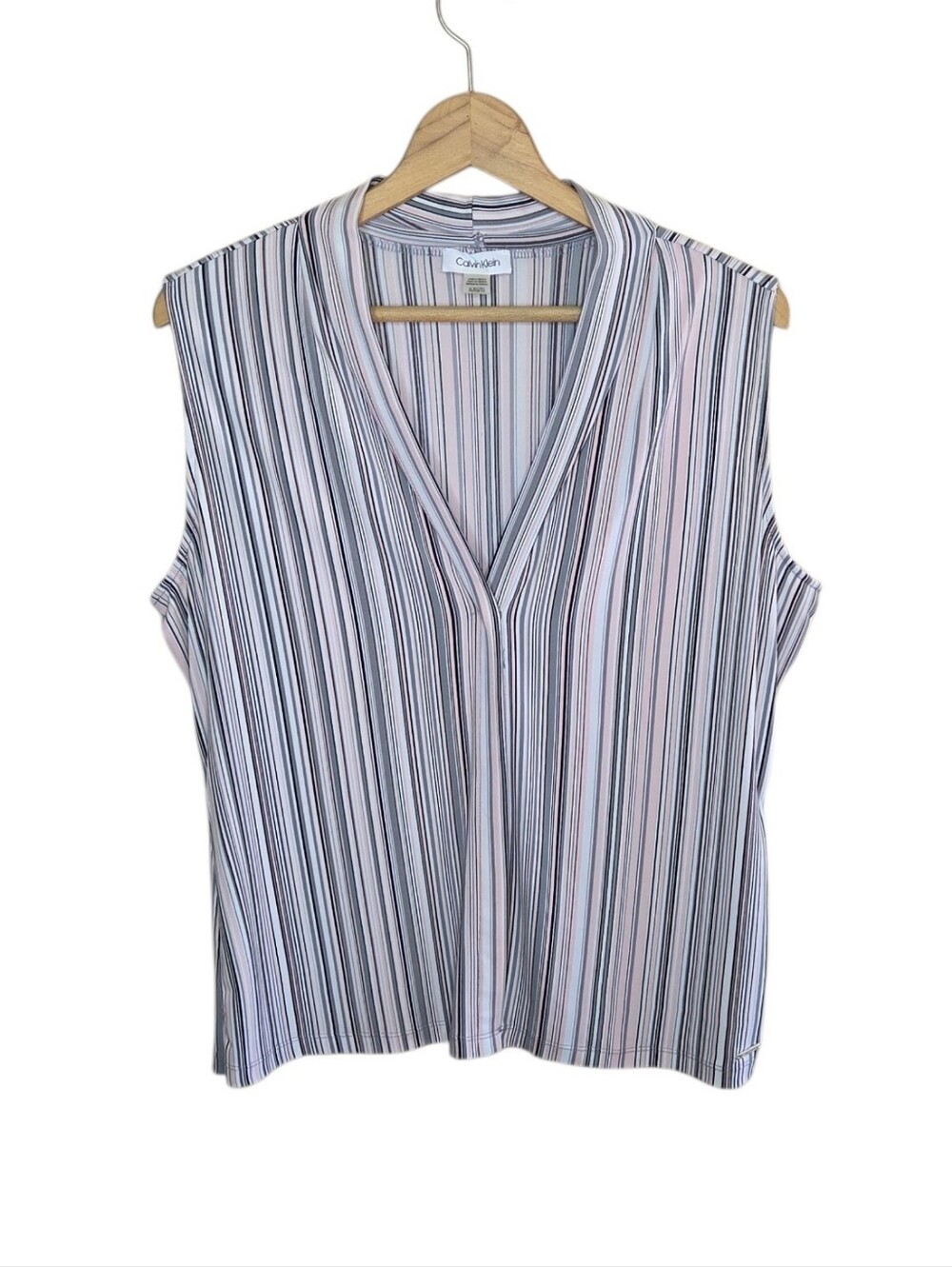 Calvin Klein Pink Gray Black Striped V-neck Tank Top Size XL Classic Office Work